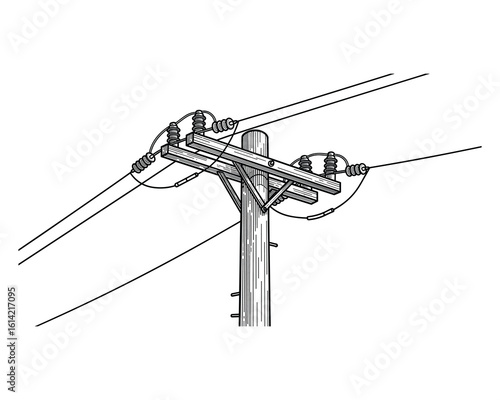 Wooden Utility Pole with Insulators and Power Lines Sketch Vector Illustration