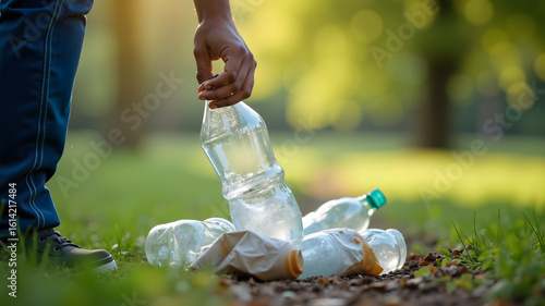 Fototapeta Naklejka Na Ścianę i Meble -  Man hand picking up garbage plastic gathering plastic bottle garbage at the park. World environment day.Environment concept..
