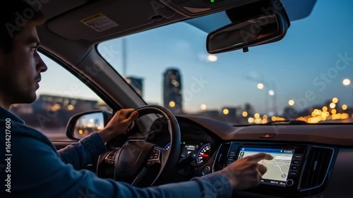 Night Drive: Man Navigating City Streets with GPS in Modern Car Interior