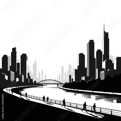 Cityscape silhouette with bridge river and people walking along the promenade in black and white tones