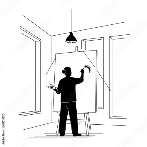 Silhouette of an artist painting on a canvas in a studio with a hanging light and two windows visible
