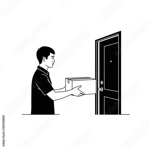 Man delivering a package to a door in a black and white line drawing illustration style vector image silhouette