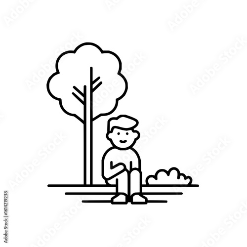 Illustration of a person sitting near a tree with a bush in a park in a simple line drawing style