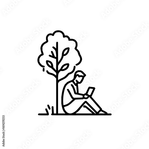 Person sitting under a tree reading a book with a simple line drawing style in black and white color scheme
