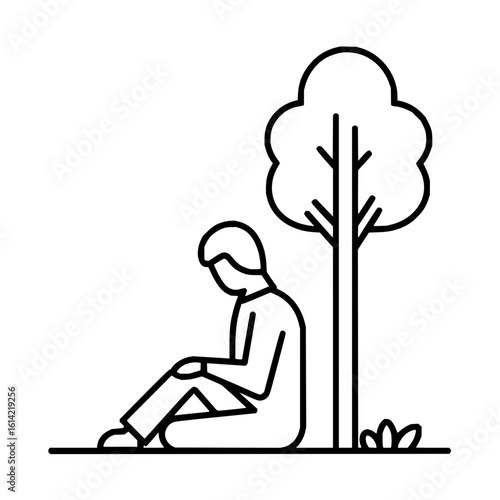 Person sitting under a tree in a contemplative pose with a simple line drawing style and minimalistic design