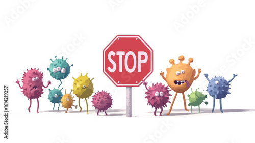 Adorable Virus Characters on Stop Sign