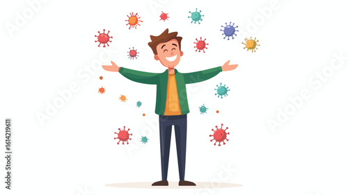 Male Character Surrounded by Germ Virus Bacteria