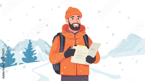 Weather reporter in snowstorm reporting