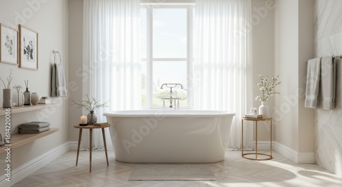 Modern and Bright Bathroom with Freestanding Bathtub and Natural Light Streaming Through Window