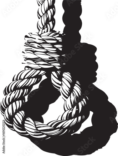 A detailed monochrome illustration of a hanging noose symbolizing punishment or execution