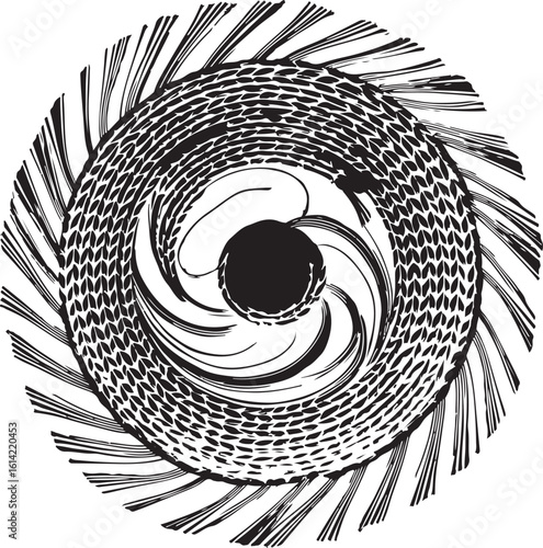 Abstract spiral design with textured details and black and white aesthetic in vector format