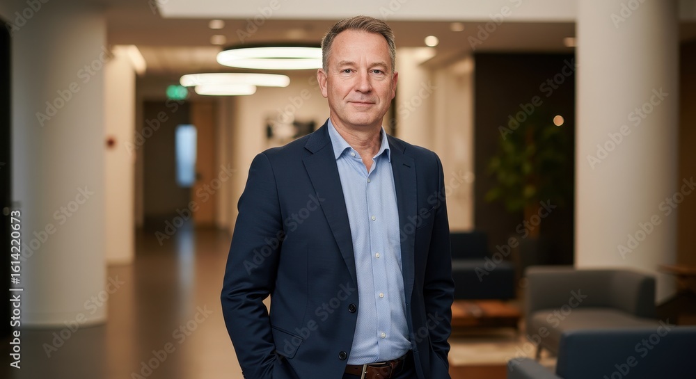 Fototapeta premium Professional businessman standing confidently in modern office interior with soft lighting, business attire, and clean lines, conveying success and leadership qualities.