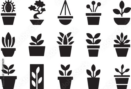 Black and white collection of various houseplants in pots for interior design and decoration