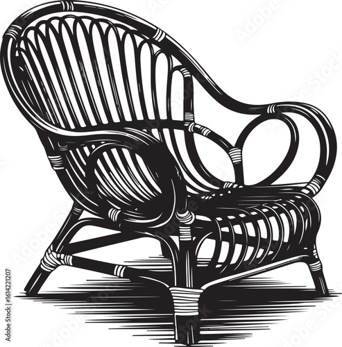 Elegant hand drawn black and white rattan chair illustration for home decor or design projects