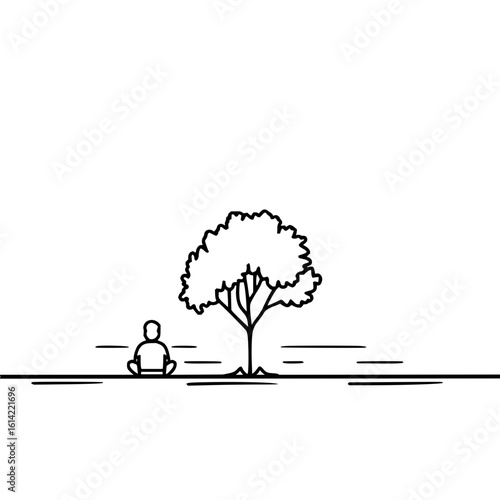 A minimalist illustration of a person meditating under a tree on a horizon line in black and white art