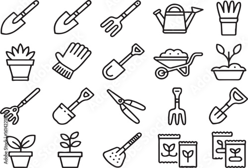 Vector illustration set of various gardening tools and plant related icons