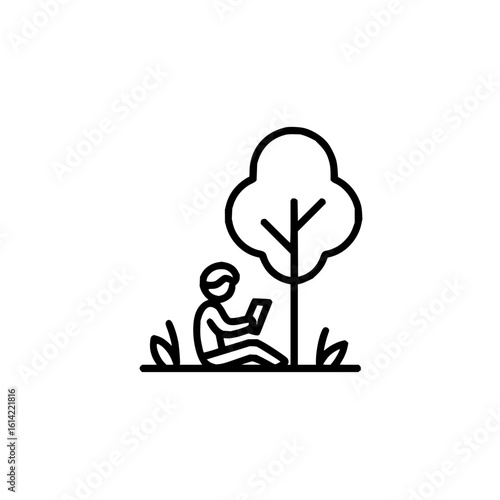 Person sitting under a tree using a tablet in a park setting with grass and a simple tree outline
