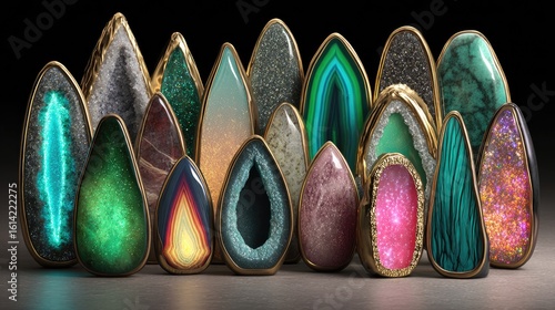 A collection of colorful gemstone cabochons in gold settings.