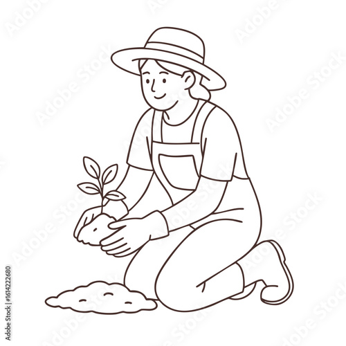 gardener planting tree, line art, white background clip art preview