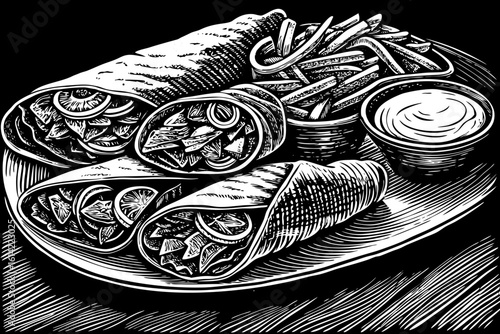 Greek gyros with pita, tzatziki sauce, meat, onions, tomatoes, fries shown in black and white line art illustration for Mediterranean menu illustrations and global street food design