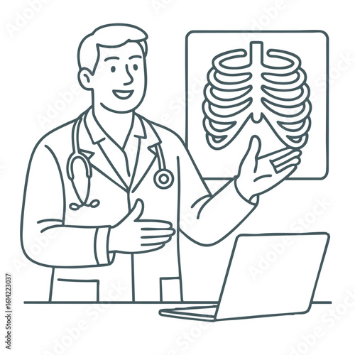 Doctor explaining ribcage diagram while using laptop.line art illustration