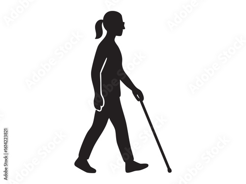 Black silhouette of blind person with a disability using a cane, isolated on white background, graphic illustration. concept of accessibility, inclusivity, human rights, awareness, logo