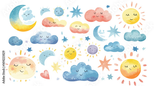 Weather Cute Sticker Set with Watercolor