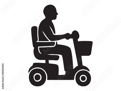 Black silhouette of person with disability, using mobility scooter, isolated on white background. concept of accessibility, independence, assistive technology, transportation.