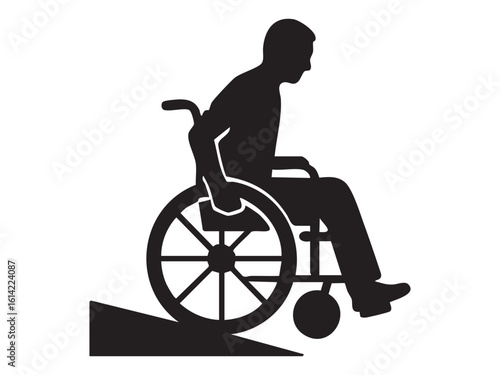 Black silhouette of person in wheelchair on ramp, isolated on white background, graphic illustration. concept of accessibility, disability, mobility aid, inclusion, equality.