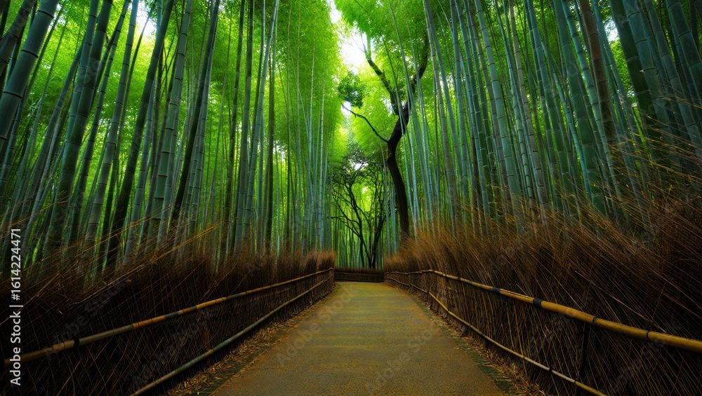 Obraz premium Serene bamboo forest path with sunlight filtering through leaves