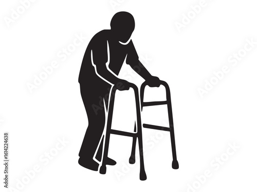 Black silhouette of person with walker, isolated on white background. concept of disability, elderly care, mobility aid, healthcare icon, illustration, support, accessibility