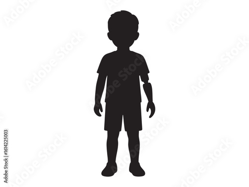Silhouette of child with prosthetic arm in standing pose, isolated on white background, graphic illustration. Concept of disability, bionic limb, childhood rehabilitation, prosthesis technology