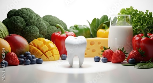 Radiant white tooth surrounded by healthy foods like fruits, vegetables, and dairy, representing dental health, nutrition, and well-being.

