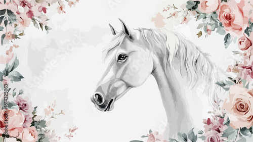 Majestic White Mustang Unicorn Watercolor Portrait