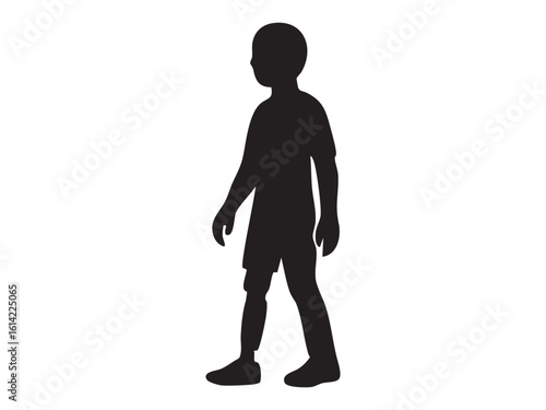 Silhouette of child with prosthetic leg in standing pose, isolated on white background, graphic illustration. Concept of disability, bionic limb, mobility aid, childhood prosthesis, healthcare