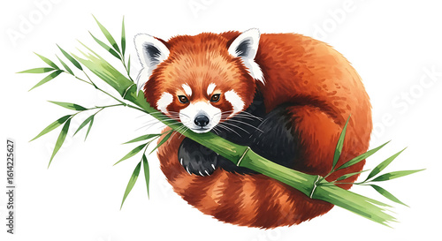 Watercolor illustration of a red panda eating bamboo on a white background