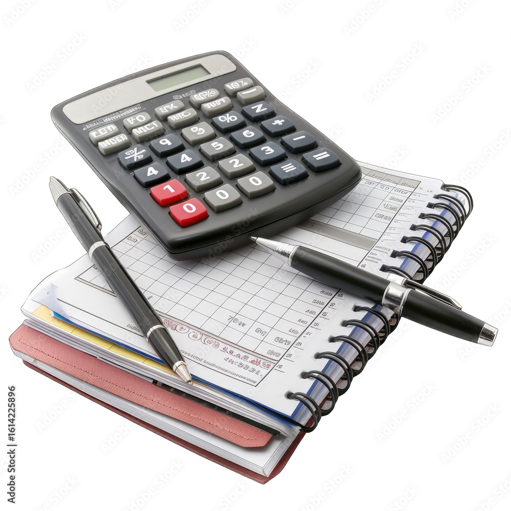 A black calculator sits atop a spiral-bound notebook with pens resting on top. The notebook has pages with grids, stacked behind it. Organized paperwork and financial tools A black calculator sits atop a spiral-bound notebook with pens resting on top. The notebook has pages with grids, stacked behind it. Organized paperwork and financial tools