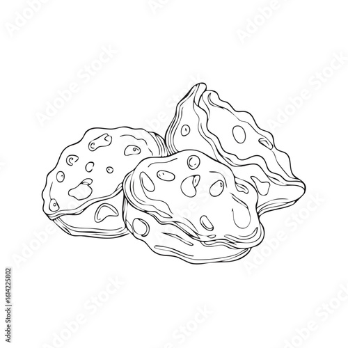 Hand-drawn outline illustration of three roughly circular, organic shapes with irregular edges and internal circular voids.