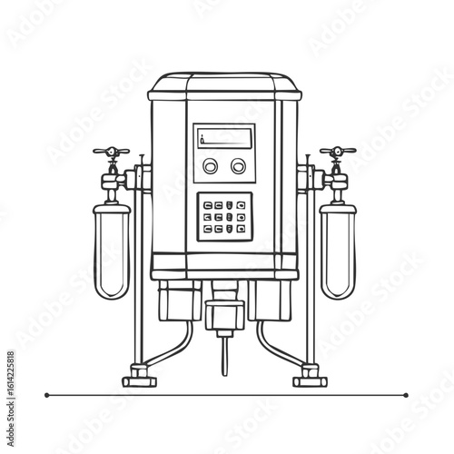 Water Purification System Outline Drawing with Filters and Controls for Clean Water Technology