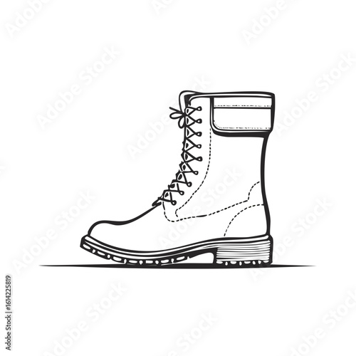 Stylized Black and White Illustration of a High Top Lace Up Military Style Boot Side View