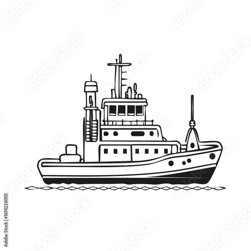 Black and white line drawing of a tugboat sailing on wavy water