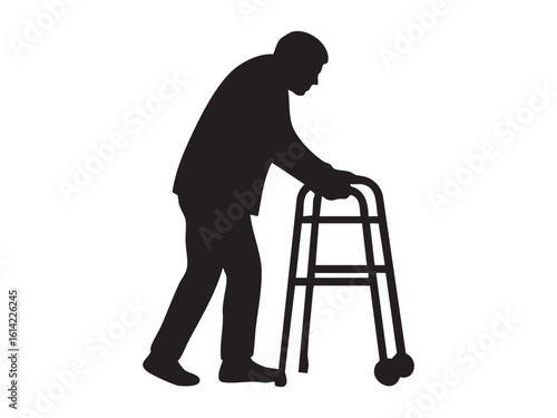 Black silhouette of person using walker, isolated on white background. concept of mobility assistance, disability awareness, elderly care, medical aid, human icon, design element