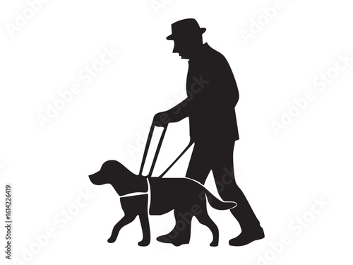 Black silhouette of Blind person with disability and guide dog, isolated on white background, graphic illustration. concept of assistance, inclusion, service animal, support, design element