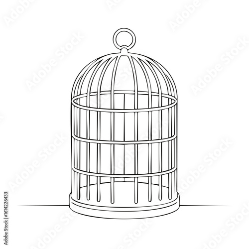 Illustration of a vintage metal birdcage, antique prison, empty decorative cage art.