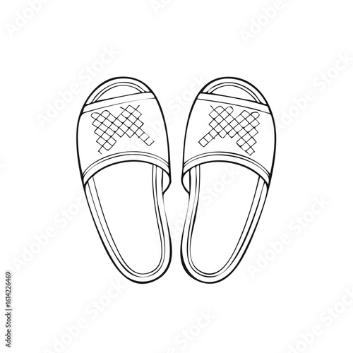 Simple black and white outline drawing of a pair of comfortable house slippers