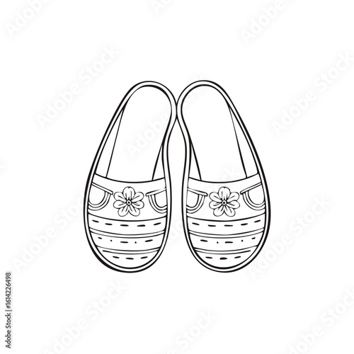 Hand drawn outline illustration of a pair of summer espadrilles with floral pattern