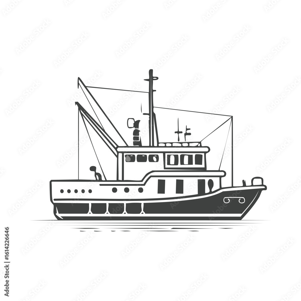 Obraz premium Monochrome outline illustration of a fishing vessel isolated against a blank backdrop. Nautical transportation.
