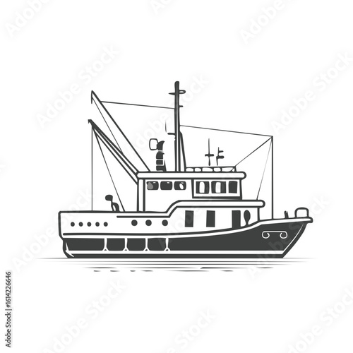 Monochrome outline illustration of a fishing vessel isolated against a blank backdrop. Nautical transportation.
