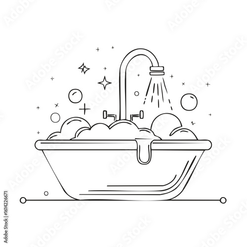 Bathtub Filled with Bubbles with Running Faucet Line Art
