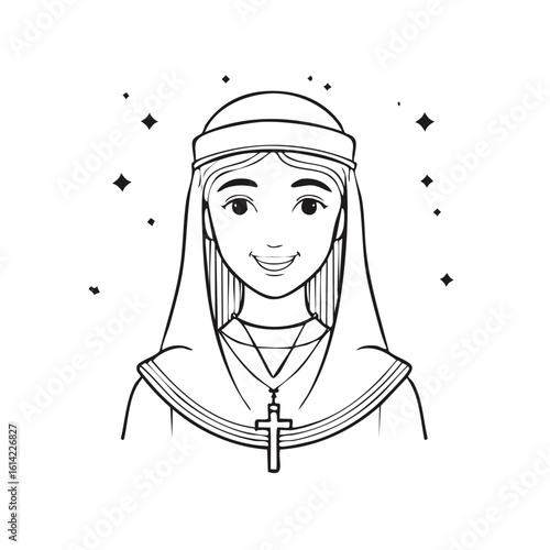 Line drawing illustration of a smiling woman wearing a headscarf and cross necklace